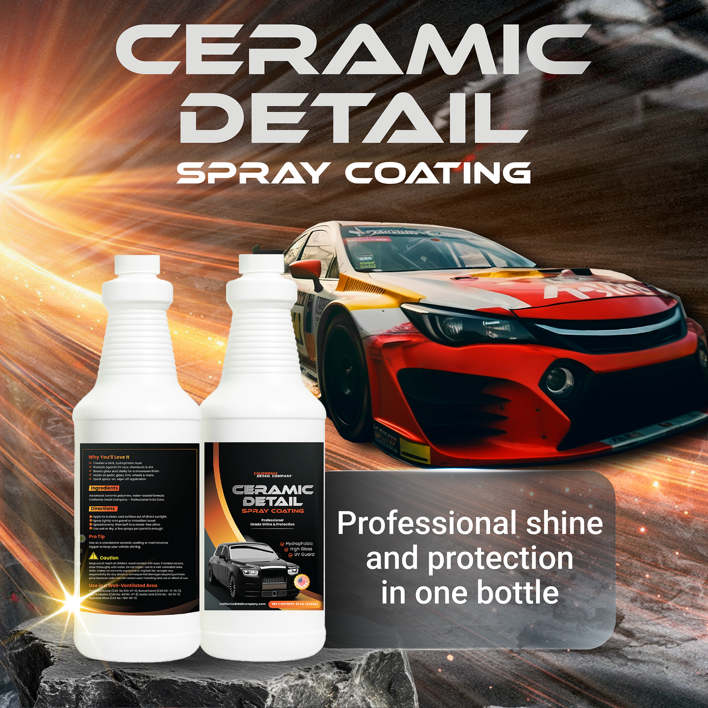 Ceramic Coating Detail Spray for Cars – Hydrophobic Car Wax Polish Protection – Quick Detailer Spray for Paint, Glass, Trim, Wheels & More