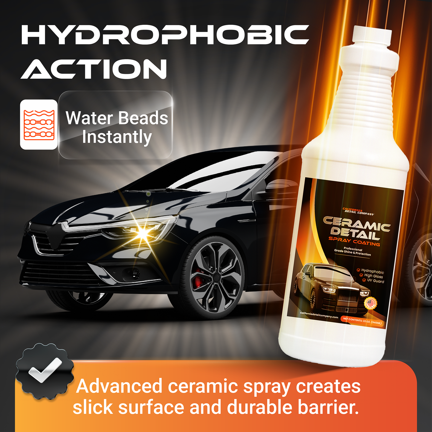 Ceramic Coating Detail Spray for Cars – Hydrophobic Car Wax Polish Protection – Quick Detailer Spray for Paint, Glass, Trim, Wheels & More