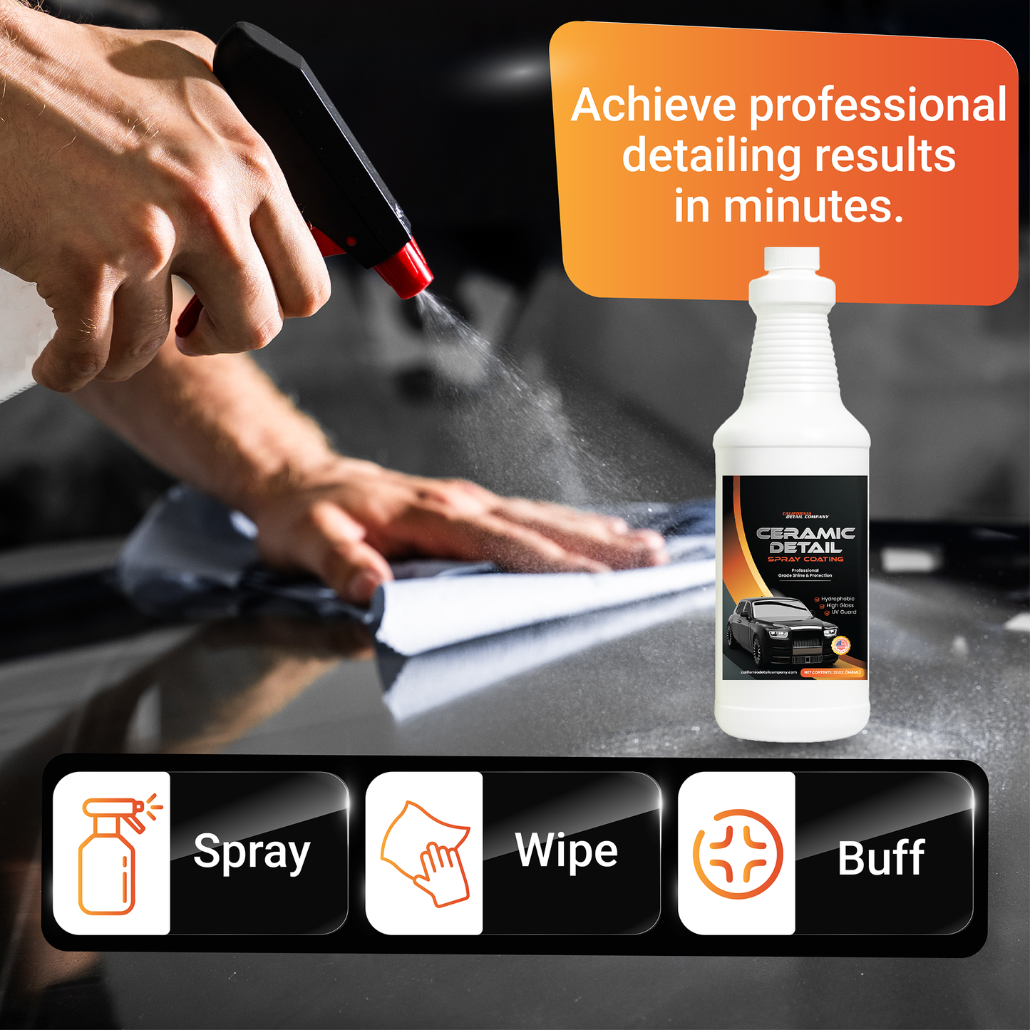 Ceramic Coating Detail Spray for Cars – Hydrophobic Car Wax Polish Protection – Quick Detailer Spray for Paint, Glass, Trim, Wheels & More